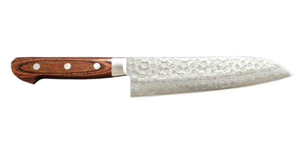 Knife - Santoku, Warikomi Damascus Tsuchime w/Mahogany handle, 18cm/7"